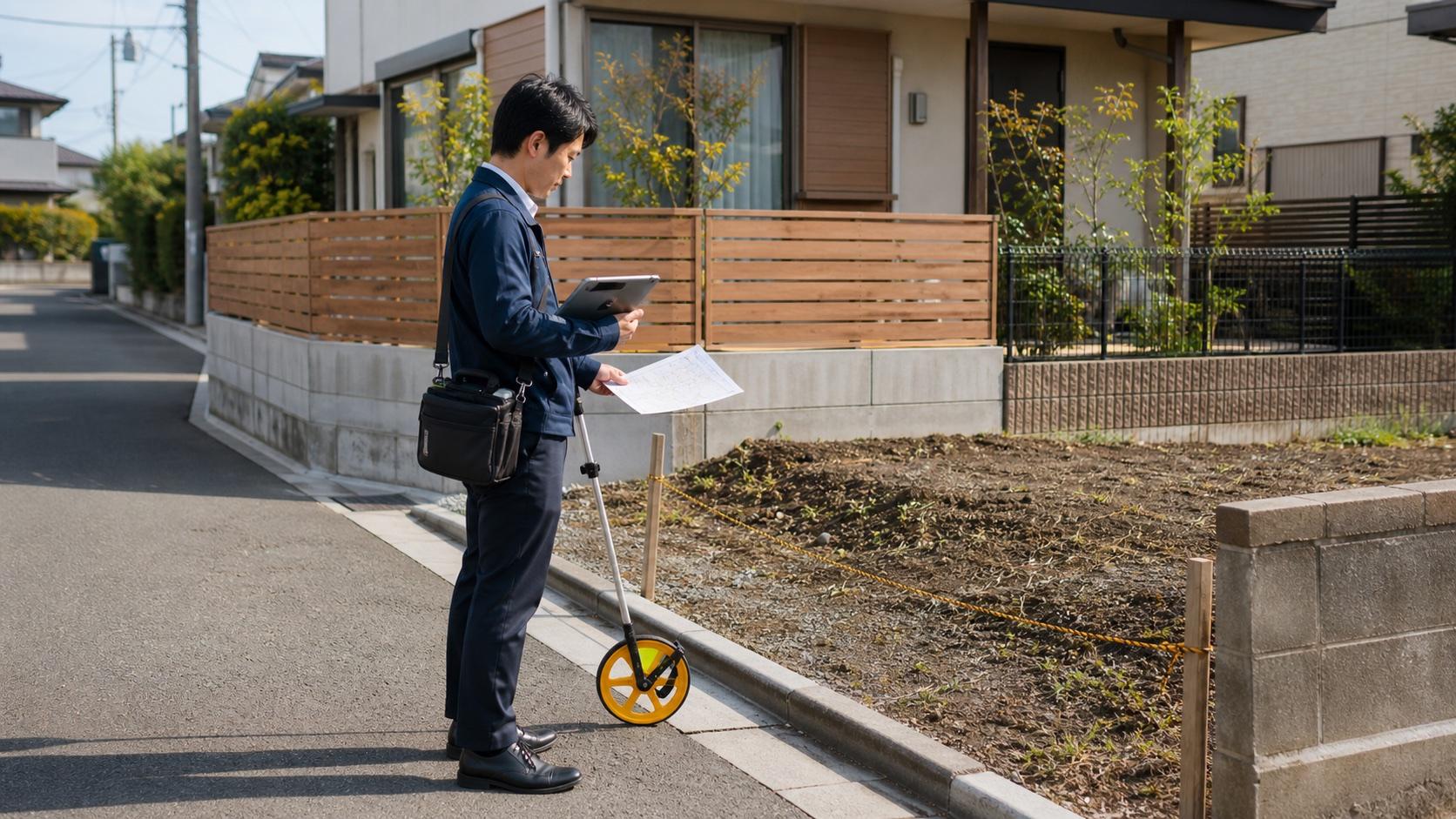 住宅地の接道と土地境界を現地で確認する担当者