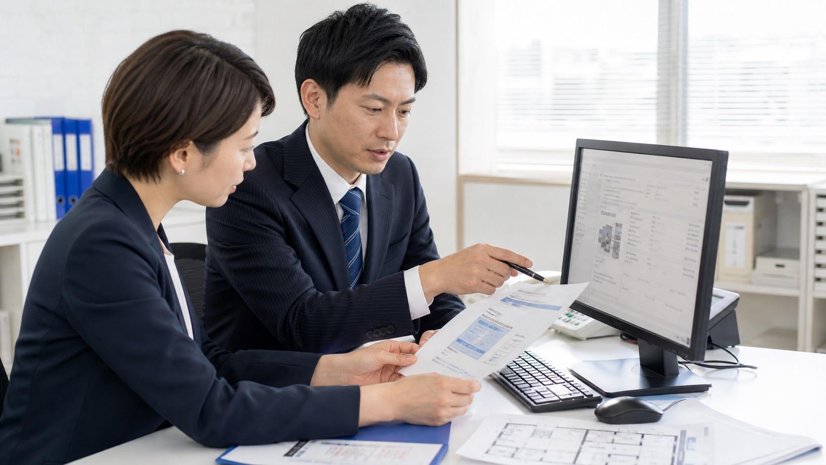 不動産の資料と画面を見比べながら内容を確認する担当者