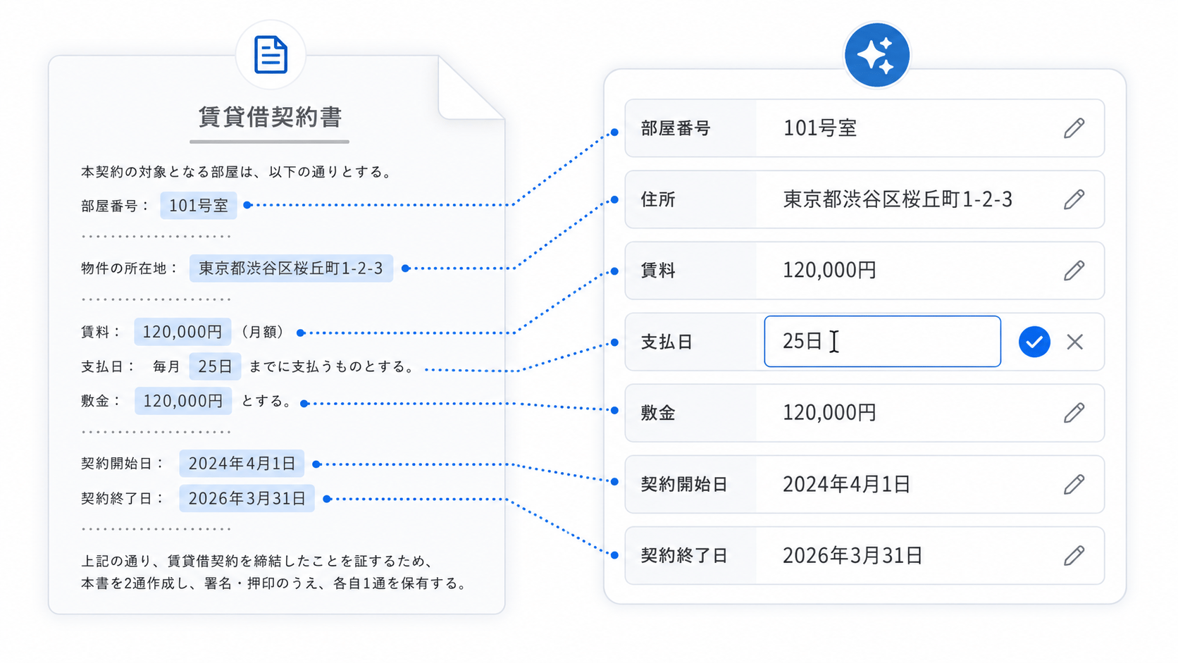 賃貸借契約書から抽出した根拠をハイライトして確認する画面