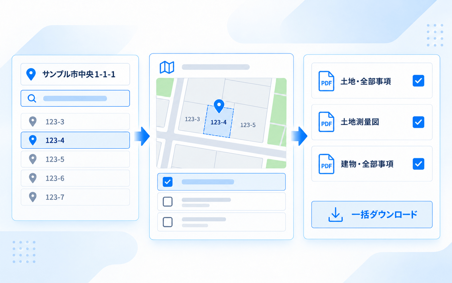 AIエージェントが登記情報提供サービスから登記情報・地積測量図・公図を自動取得する説明図